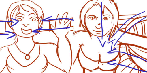 Sketch leading eye through composition of dating profile picture from smile to cleavage shot.